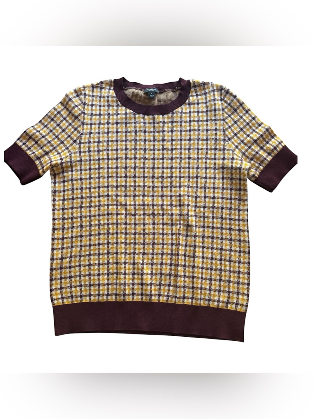 Ann Taylor Factory Plaid Short Sleeve Sweater Knit Top Brown Yellow Medium M